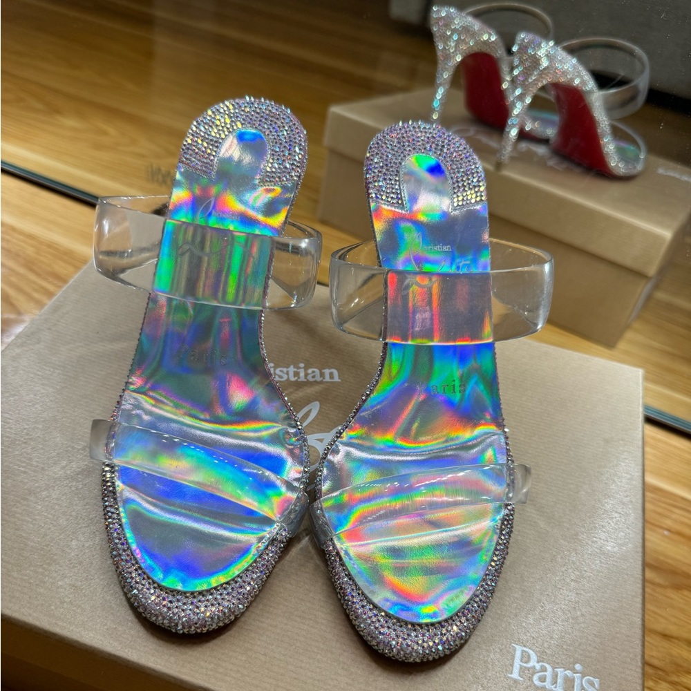 Christian Louboutin Just Strass 85 Crystal Embellished PVC Iridescent Heel *RARE